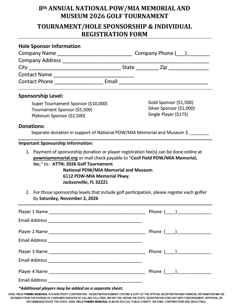 National Pow Mia Memorial And Museum 2026 Golf Tournament Sponsorships